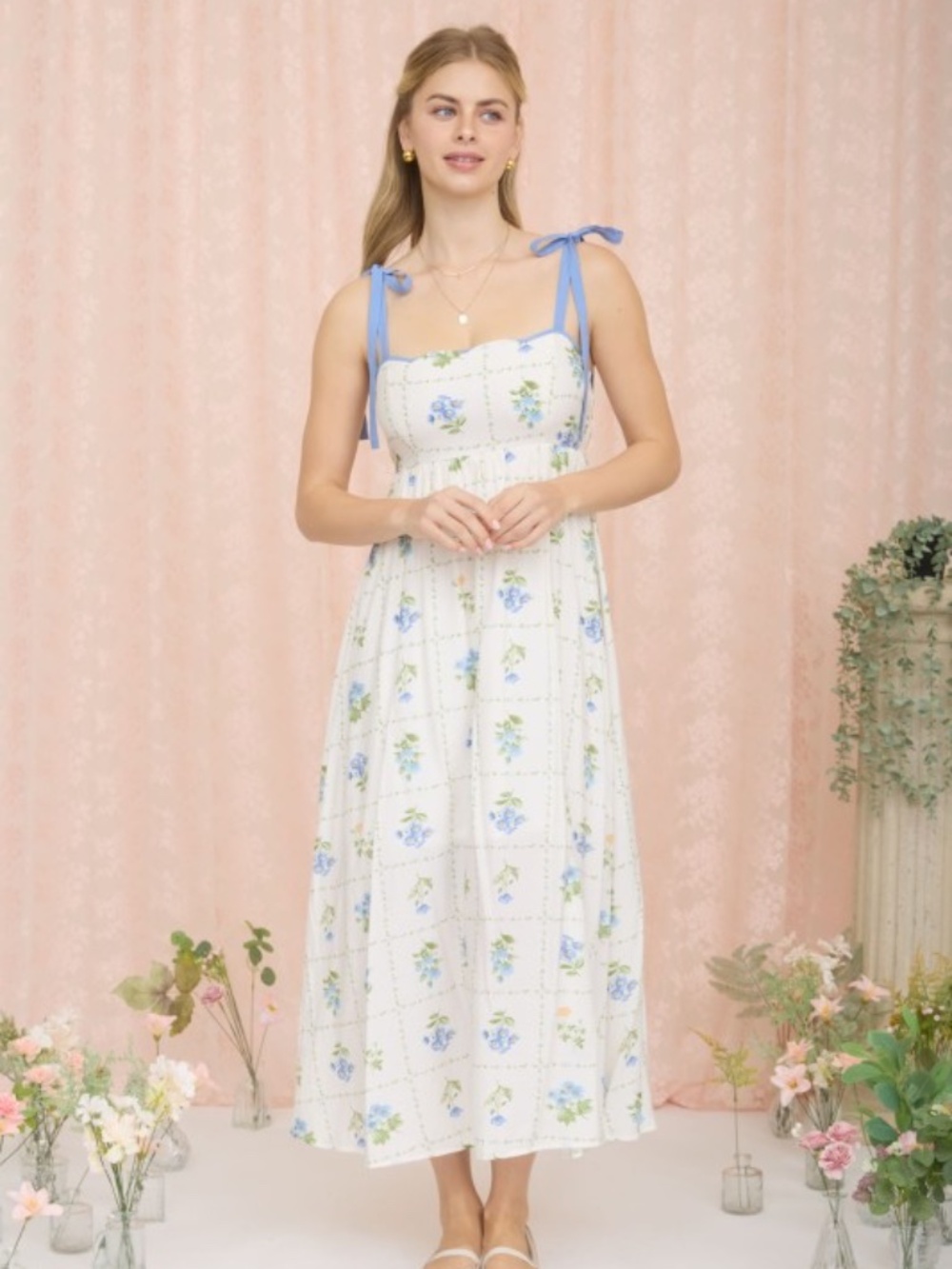 Floral Tile Pattern Scalloped Tie Strap Midi Dress